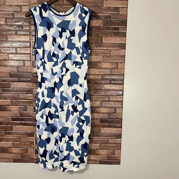 GIVENCHY Geometric Pencil Dress Blue Navy White Knit Stretch Size M Sleeveless - Picture 11 of 11